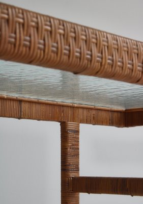 Danish Modern Coffee Table in Rattan Cane and Matt Glass by R. Wengler, 1940s-WRF-1081141