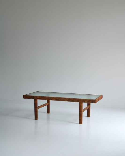 Danish Modern Coffee Table in Rattan Cane and Matt Glass by R. Wengler, 1940s