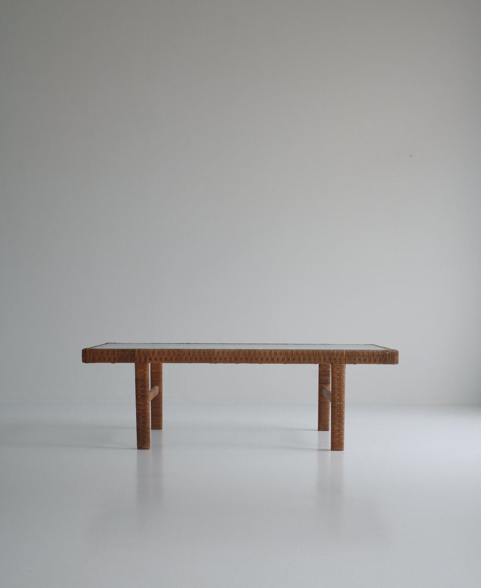 Danish Modern Coffee Table in Rattan Cane and Matt Glass by R. Wengler, 1940s