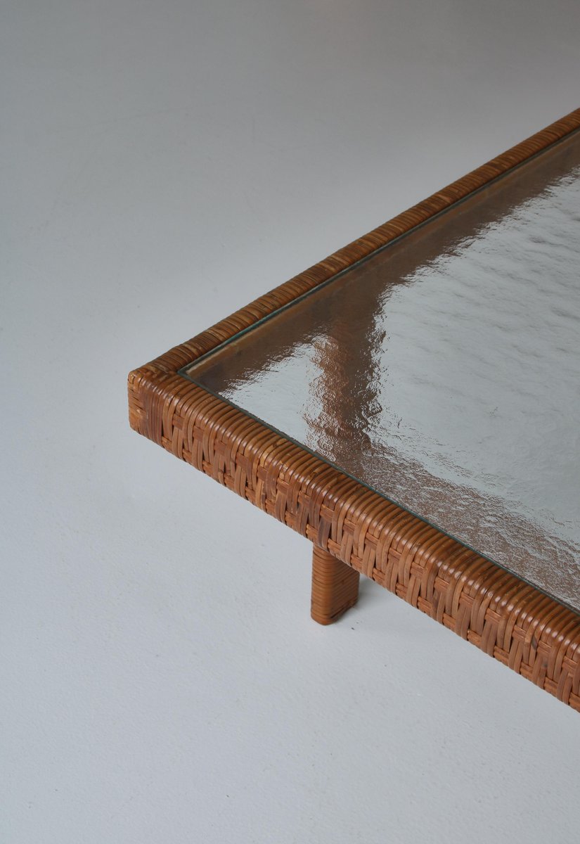 Danish Modern Coffee Table in Rattan Cane and Matt Glass by R. Wengler, 1940s