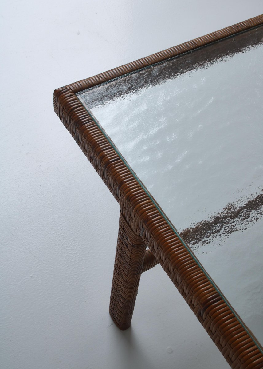 Danish Modern Coffee Table in Rattan Cane and Matt Glass by R. Wengler, 1940s