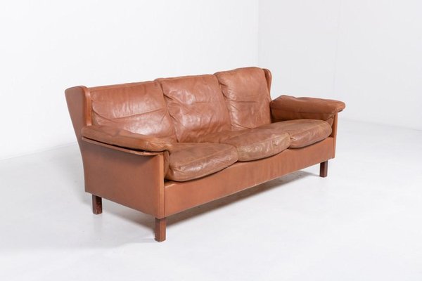 Danish Modern Cognac Leather Wing Sofa, 1970s-KMC-1808250