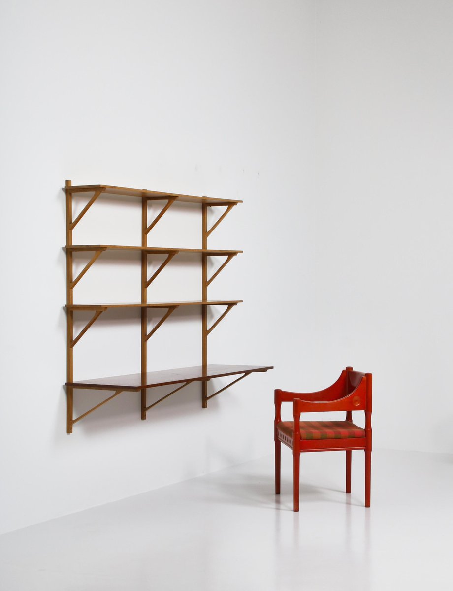 Danish Modern Large Wall Shelving System in Oak & Teakwood by Børge Mogensen for Fredericia, 1956