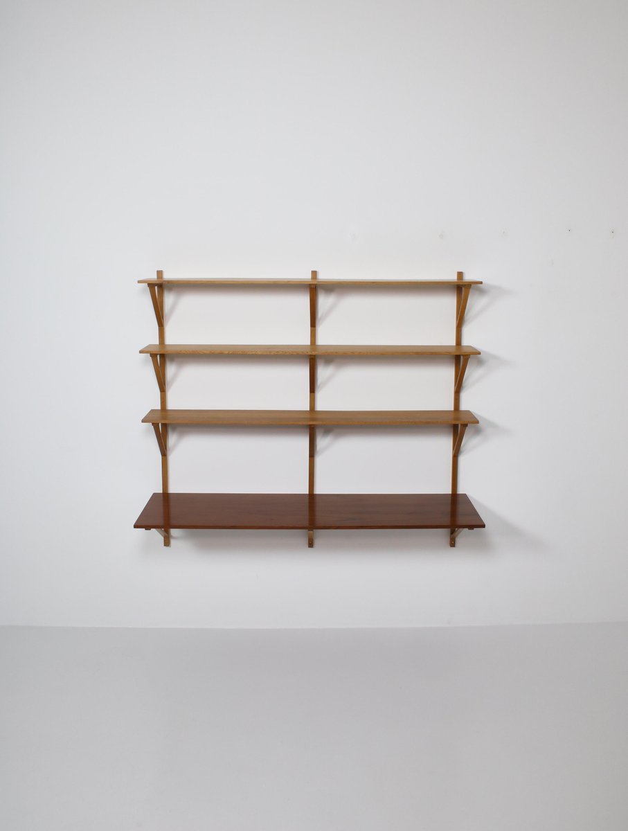 Danish Modern Large Wall Shelving System in Oak & Teakwood by Børge Mogensen for Fredericia, 1956