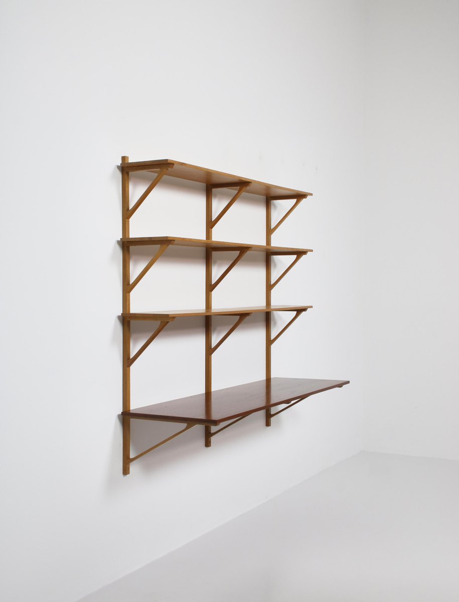 Danish Modern Large Wall Shelving System in Oak & Teakwood by Børge Mogensen for Fredericia, 1956