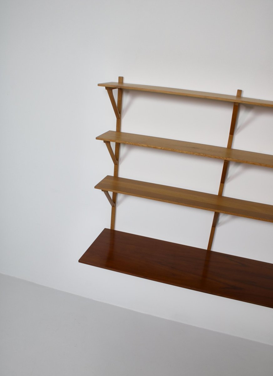 Danish Modern Large Wall Shelving System in Oak & Teakwood by Børge Mogensen for Fredericia, 1956