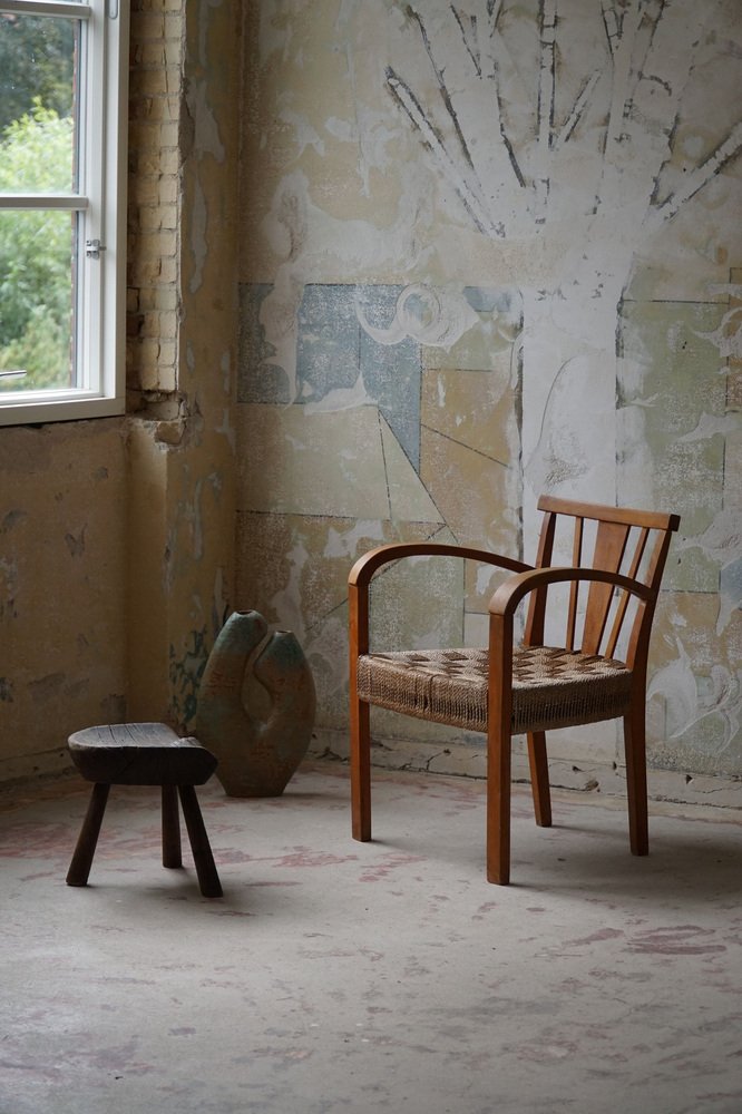 Danish Modern Lounge Chair in Beech and Papercord in the Style of Frits Schlegel, 1930s