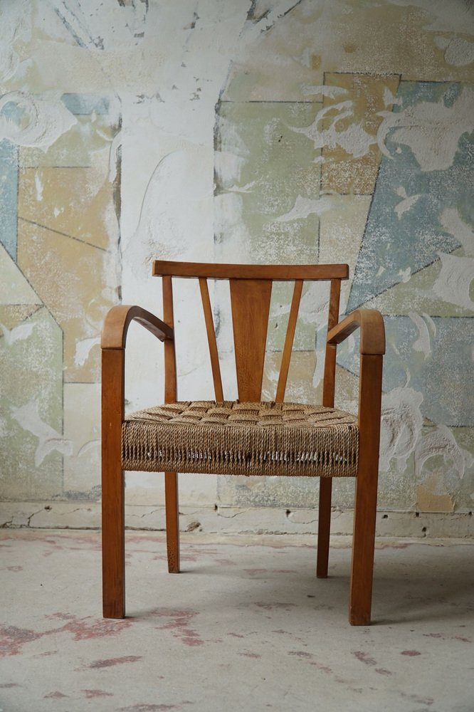 Danish Modern Lounge Chair in Beech and Papercord in the Style of Frits Schlegel, 1930s