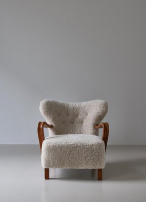 Danish Modern Lounge Chair in Oak and Sheepskin, Denmark, 1940s-WRF-1750741