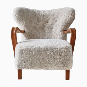 Danish Modern Lounge Chair in Oak and Sheepskin, Denmark, 1940s-WRF-1750741