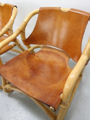 Danish Modern Manilla Lounge Chairs & Table in Bamboo and Saddle Leather, 1960s, Set of 3-DT-2026276