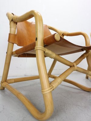 Danish Modern Manilla Lounge Chairs & Table in Bamboo and Saddle Leather, 1960s, Set of 3-DT-2026276