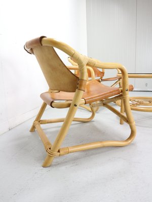 Danish Modern Manilla Lounge Chairs & Table in Bamboo and Saddle Leather, 1960s, Set of 3-DT-2026276