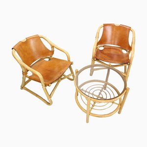 Danish Modern Manilla Lounge Chairs & Table in Bamboo and Saddle Leather, 1960s, Set of 3-DT-2026276