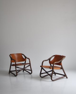 Danish Modern Oak Stained Bamboo and Saddle Leather Manilla Armchairs, Set of 2-WRF-1449442