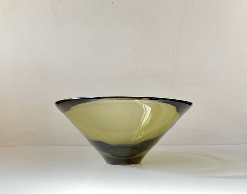 Danish Modern Olive Green Glass Disko Bowl by Per Lutken for Holmegaard, 1961-LCR-1761195