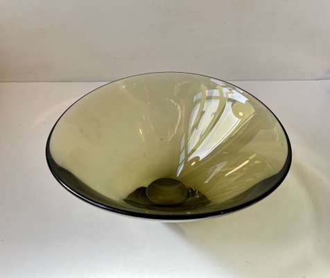 Danish Modern Olive Green Glass Disko Bowl by Per Lutken for Holmegaard, 1961-LCR-1761195