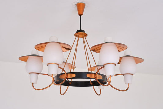 Danish Modern Six Arm Chandelier in Copper and Opaline Glass, 1960s