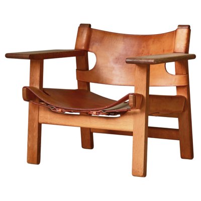 Danish Modern Spanish Chair in Oak and Saddle Leather attributed to Børge Mogensen for Fredericia, 1950s-WRF-1791215