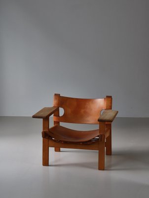 Danish Modern Spanish Chair in Oak and Saddle Leather attributed to Børge Mogensen for Fredericia, 1950s-WRF-1791215