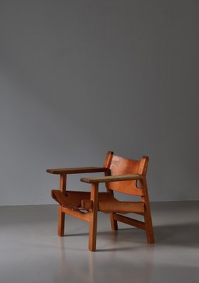 Danish Modern Spanish Chair in Oak and Saddle Leather attributed to Børge Mogensen for Fredericia, 1950s-WRF-1791215