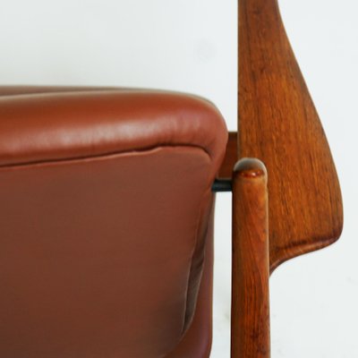 Danish Modern Teak and Brown Leather Lounge Chair by Finn Juhl for France and Son-MH-1159216