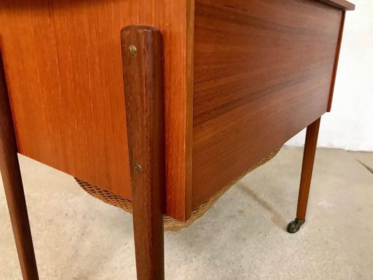 Danish Modern Teak and Wicker Sewing Table or Storage Trolley, 1960s-JP-778282