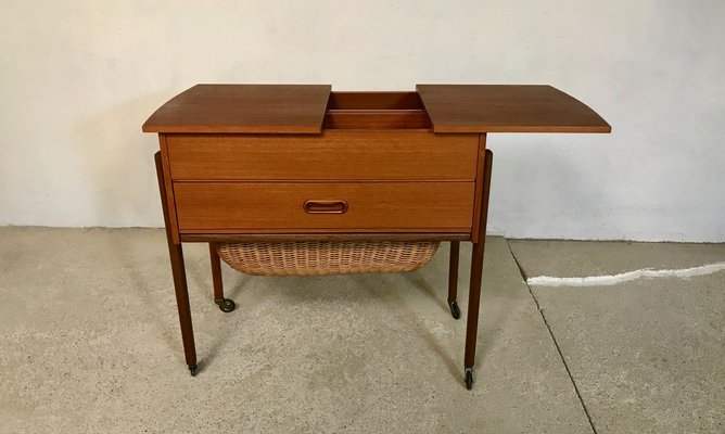 Danish Modern Teak and Wicker Sewing Table or Storage Trolley, 1960s-JP-778282