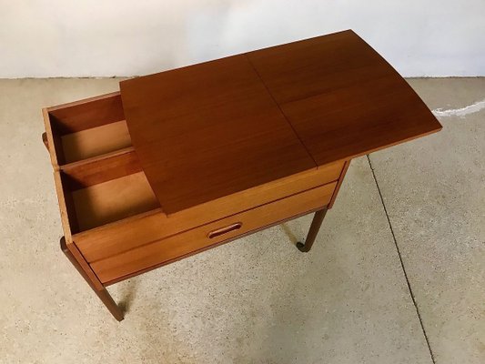 Danish Modern Teak and Wicker Sewing Table or Storage Trolley, 1960s-JP-778282