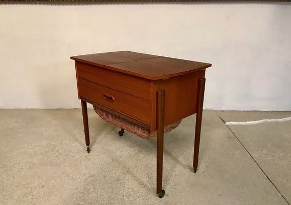 Danish Modern Teak and Wicker Sewing Table or Storage Trolley, 1960s-JP-778282