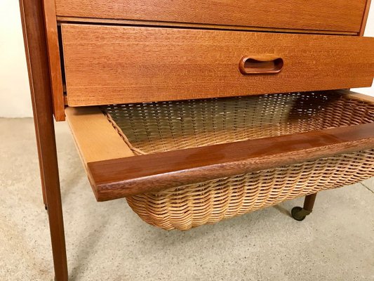 Danish Modern Teak and Wicker Sewing Table or Storage Trolley, 1960s-JP-778282