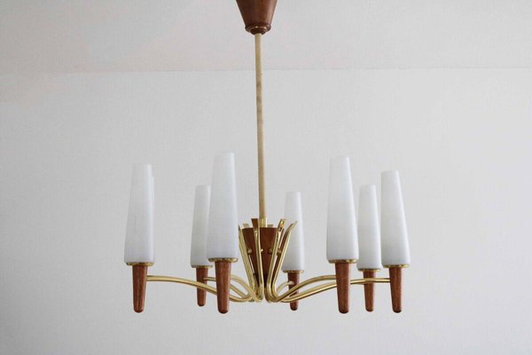 Danish Modern Teak, Brass and Opal Glass Chandelier from Temde-FJP-1717675