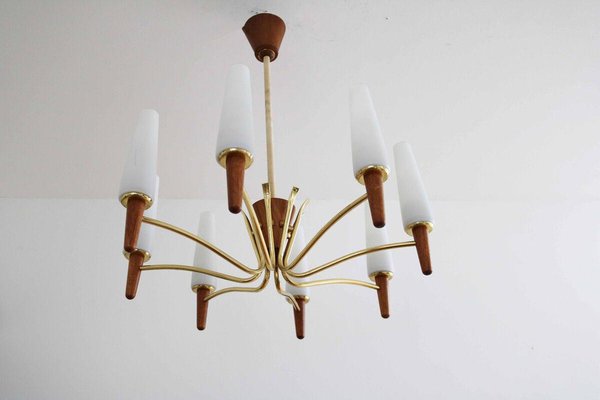 Danish Modern Teak, Brass and Opal Glass Chandelier from Temde-FJP-1717675