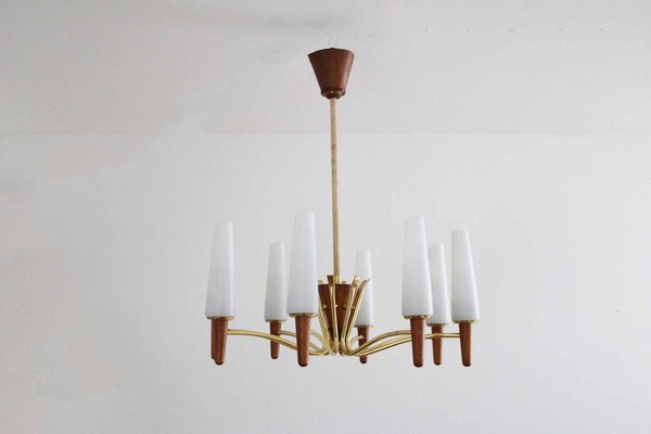 Danish Modern Teak, Brass and Opal Glass Chandelier from Temde-FJP-1717675