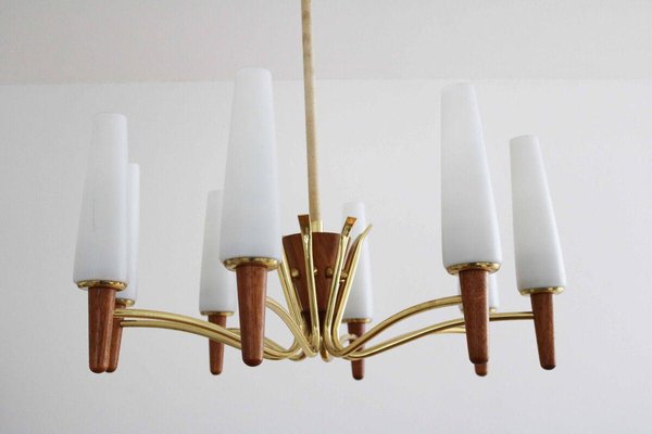 Danish Modern Teak, Brass and Opal Glass Chandelier from Temde-FJP-1717675