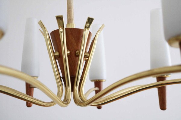 Danish Modern Teak, Brass and Opal Glass Chandelier from Temde-FJP-1717675