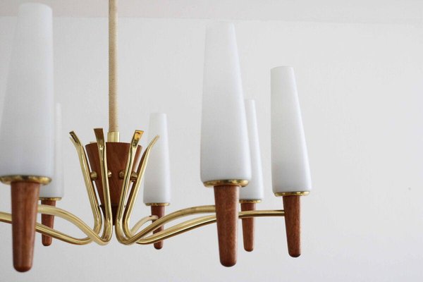 Danish Modern Teak, Brass and Opal Glass Chandelier from Temde-FJP-1717675