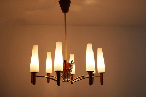 Danish Modern Teak, Brass and Opal Glass Chandelier from Temde-FJP-1717675