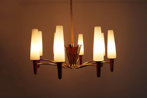 Danish Modern Teak, Brass and Opal Glass Chandelier from Temde-FJP-1717675