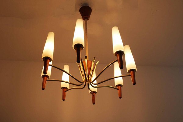 Danish Modern Teak, Brass and Opal Glass Chandelier from Temde-FJP-1717675