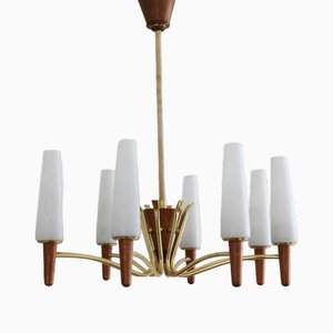 Danish Modern Teak, Brass and Opal Glass Chandelier from Temde-FJP-1717675