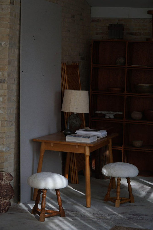 Danish Modern Tripod Stools with Lambswool Seats, 1950s, Set of 2