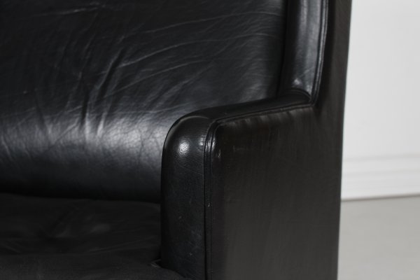 Danish Modern Wing Chair and Stool with Black Leather in Kaare Klint Style, 1970s, Set of 2-QQ-1383419