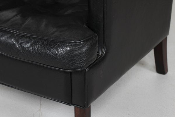 Danish Modern Wing Chair and Stool with Black Leather in Kaare Klint Style, 1970s, Set of 2-QQ-1383419