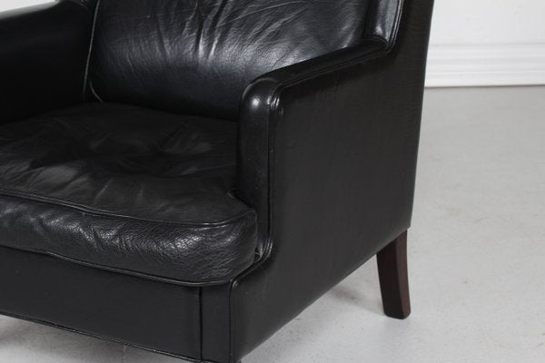 Danish Modern Wing Chair and Stool with Black Leather in Kaare Klint Style, 1970s, Set of 2-QQ-1383419