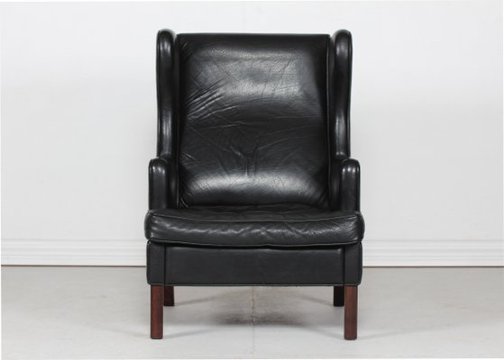 Danish Modern Wing Chair and Stool with Black Leather in Kaare Klint Style, 1970s, Set of 2-QQ-1383419