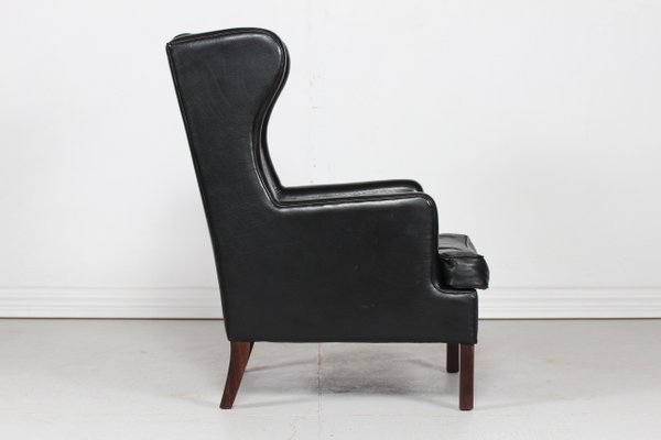 Danish Modern Wing Chair and Stool with Black Leather in Kaare Klint Style, 1970s, Set of 2-QQ-1383419