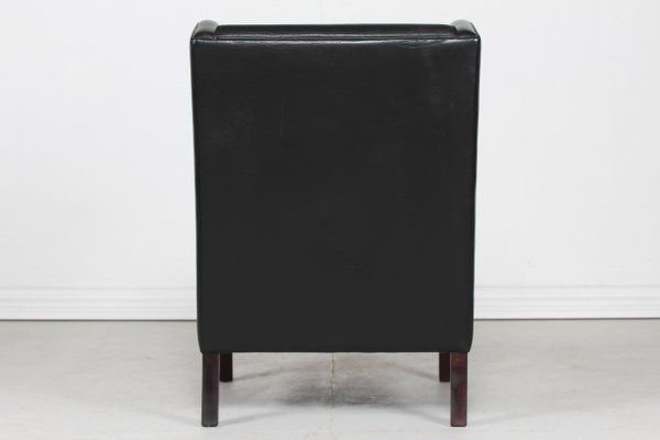 Danish Modern Wing Chair and Stool with Black Leather in Kaare Klint Style, 1970s, Set of 2-QQ-1383419