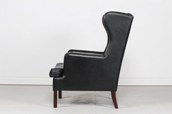 Danish Modern Wing Chair and Stool with Black Leather in Kaare Klint Style, 1970s, Set of 2-QQ-1383419