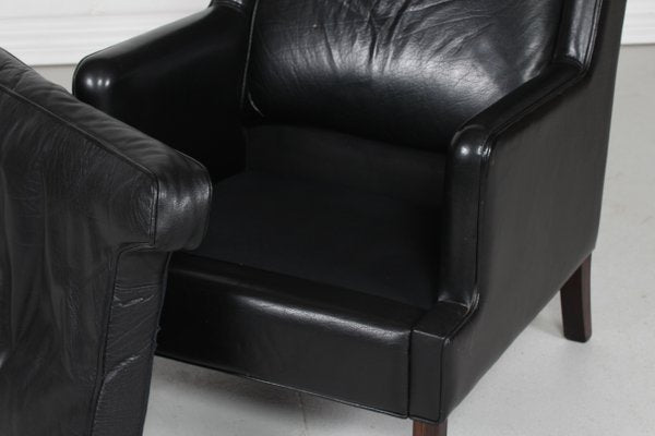 Danish Modern Wing Chair and Stool with Black Leather in Kaare Klint Style, 1970s, Set of 2-QQ-1383419